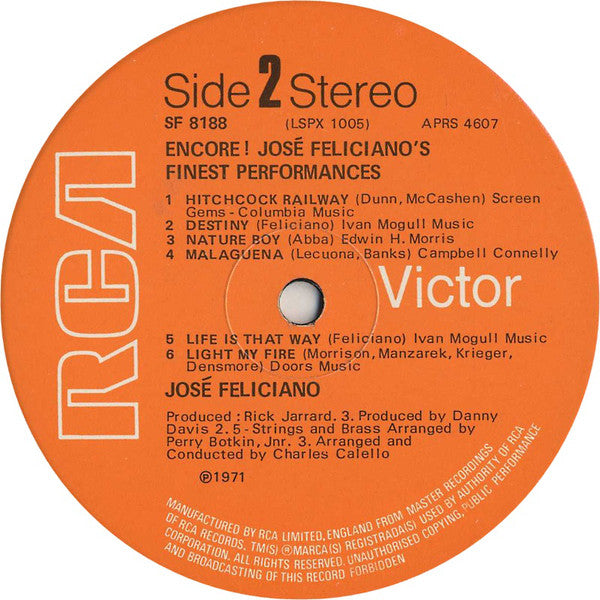 José Feliciano : Encore! José Feliciano's Finest Performances (LP, Album, RCA)