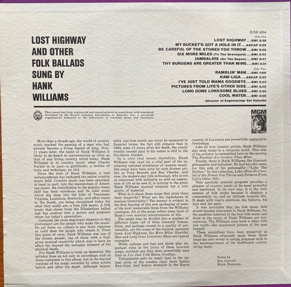 Hank Williams : Lost Highway And Other Folk Ballads (LP, Comp)
