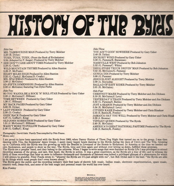 The Byrds : History Of The Byrds (2xLP, Comp, Mono, Ora)