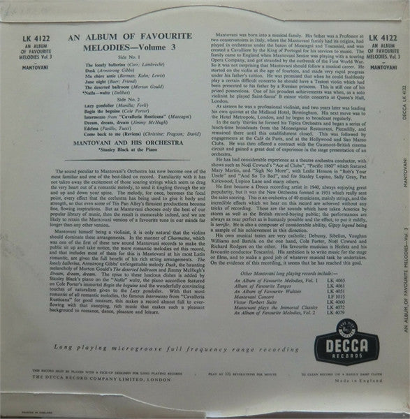 Mantovani And His Orchestra : An Album Of Favourite Melodies Volume 3 (LP, Album, Mono)
