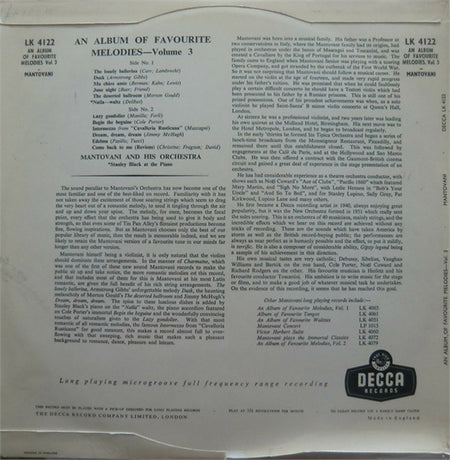 Mantovani And His Orchestra : An Album Of Favourite Melodies Volume 3 (LP, Album, Mono)