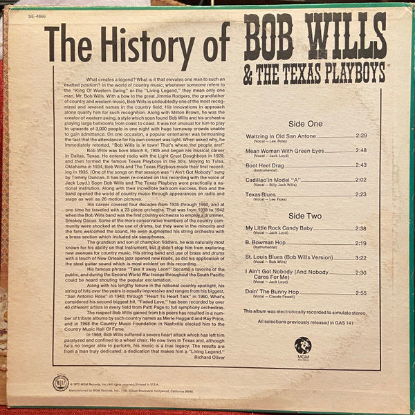 Bob Wills & The Texas Playboys* : The History Of Bob Wills & The Texas Playboys (LP, Album, Comp, Sim)