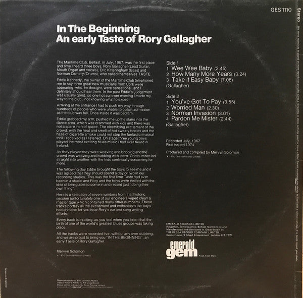 Rory Gallagher : In The Beginning - An Early Taste Of Rory Gallagher (LP, Album)