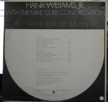 Hank Williams Jr. With Mike Curb Congregation : All For The Love Of Sunshine (LP, Album)