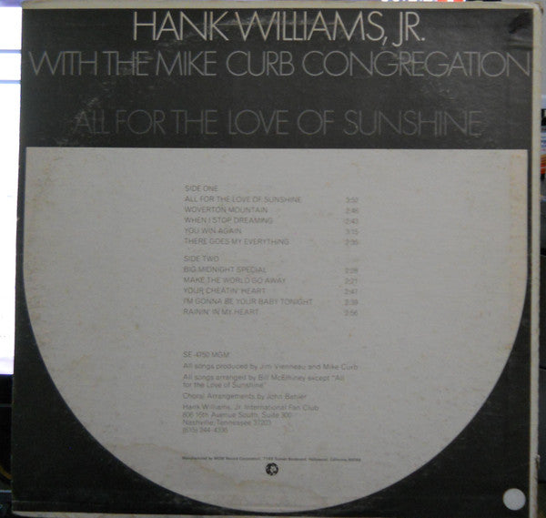 Hank Williams Jr. With Mike Curb Congregation : All For The Love Of Sunshine (LP, Album)