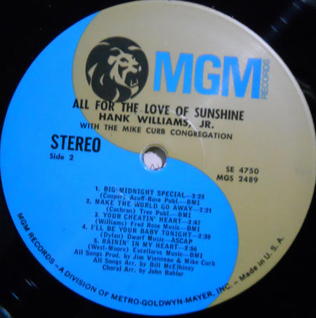 Hank Williams Jr. With Mike Curb Congregation : All For The Love Of Sunshine (LP, Album)