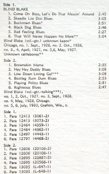 Blind Blake : 1926-30 (Bootleg Rum Dum Blues) (LP, Comp, Mono, RM)