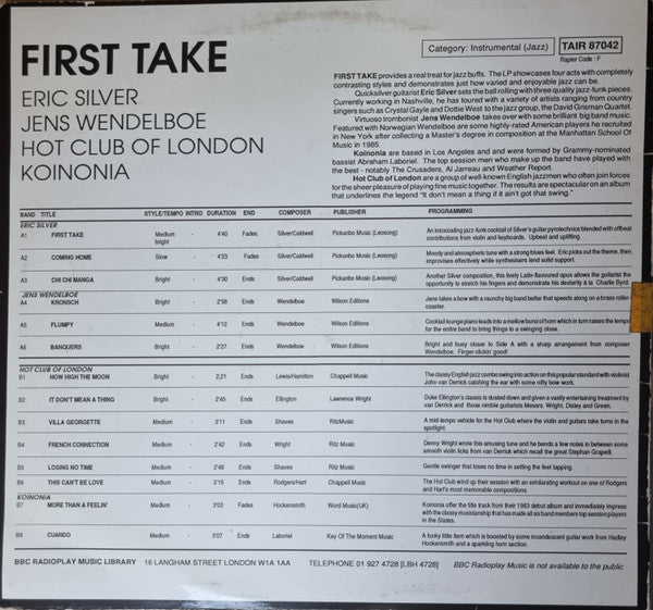 Eric Silver / Jens Wendelboe / Hot Club Of London / Koinonia : First Take (LP, Comp)