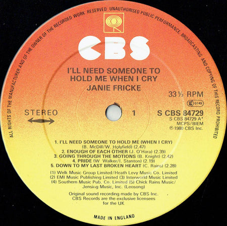 Janie Fricke : I'll Need Someone To Hold Me When I Cry (LP)