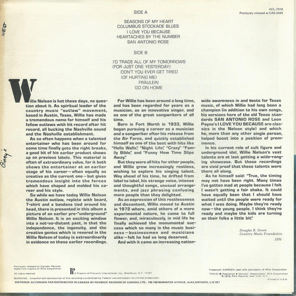 Willie Nelson : "Columbus Stockade Blues" And Other Country Favorites (LP, RE, Kee)