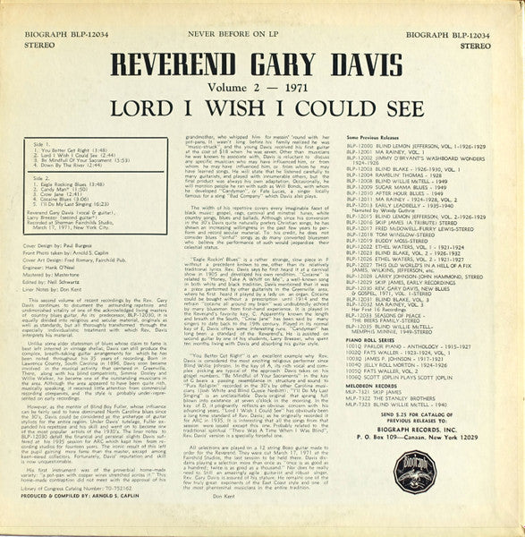 Reverend Gary Davis* : Volume 2 - 1971 / Lord I Wish I Could See (LP, Album)