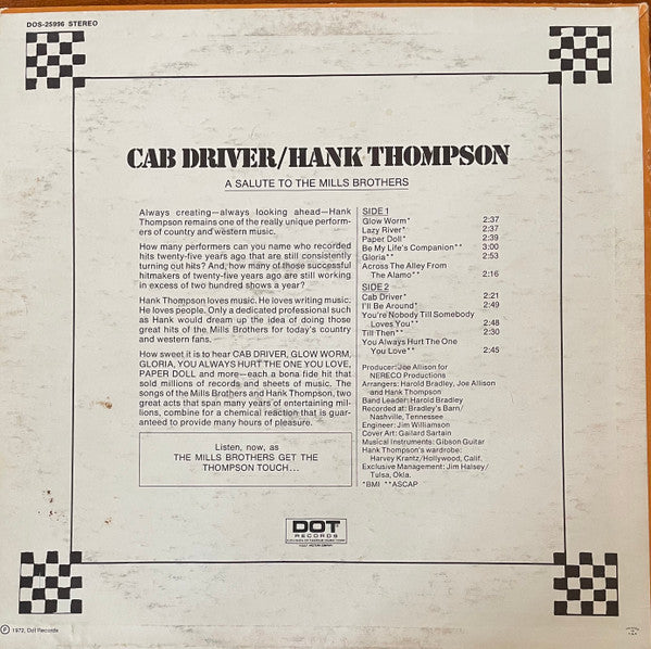 Hank Thompson : Cab Driver - A Salute To The Mills Brothers (LP, Album, Mon)