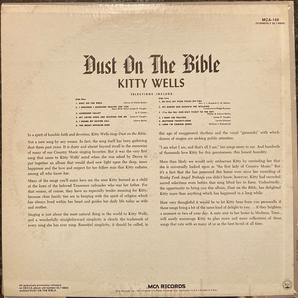 Kitty Wells : Dust On The Bible (LP, Album, RE, Pin)
