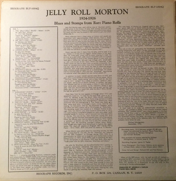 Jelly Roll Morton : 1924-1926 Blues And Stomps From Rare Piano Rolls (LP, Comp)