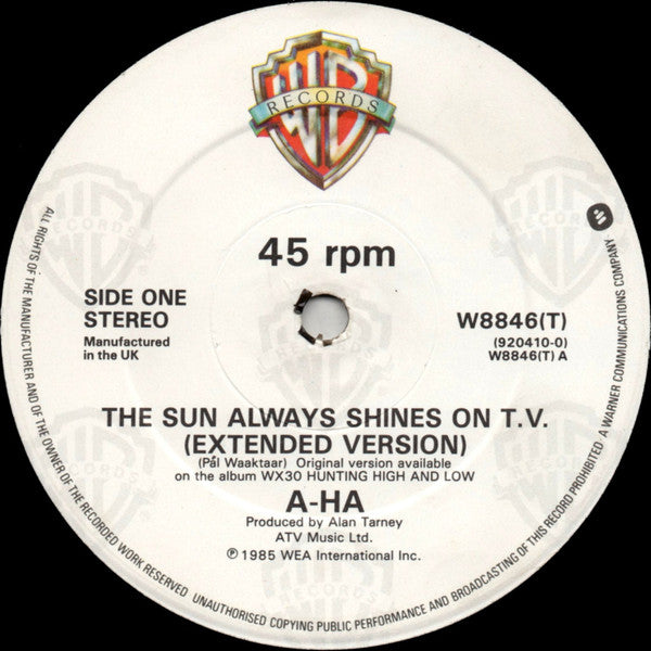 a-ha : The Sun Always Shines On T.V. (Extended Version) (12", Single)