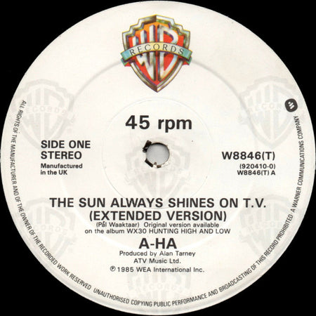 a-ha : The Sun Always Shines On T.V. (Extended Version) (12", Single)
