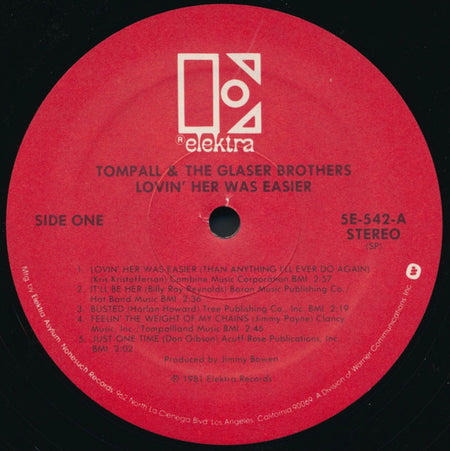 Tompall Glaser & The Glaser Brothers : Lovin' Her Was Easier (LP, Album, Spe)