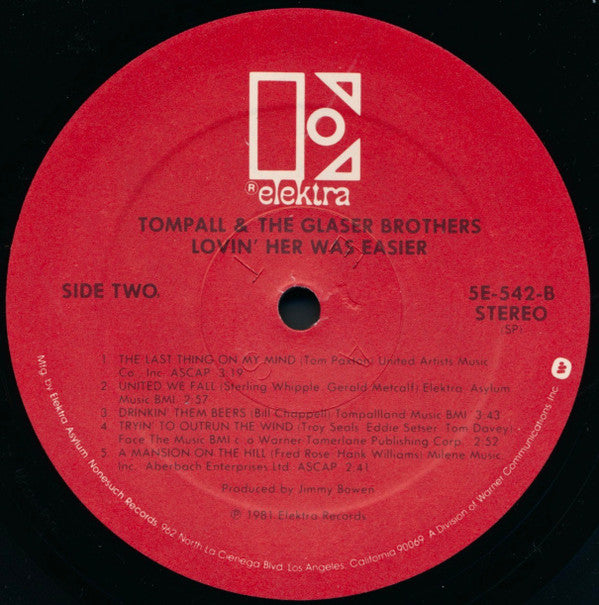 Tompall Glaser & The Glaser Brothers : Lovin' Her Was Easier (LP, Album, Spe)