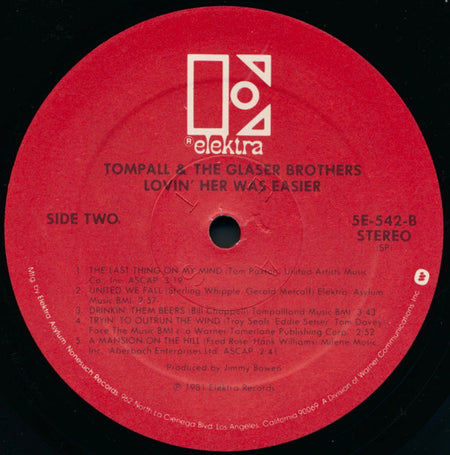 Tompall Glaser & The Glaser Brothers : Lovin' Her Was Easier (LP, Album, Spe)