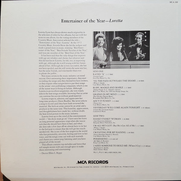 Loretta Lynn : Entertainer Of The Year - Loretta (LP, Album, Glo)