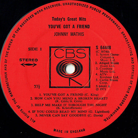 Johnny Mathis : You've Got A Friend (Today's Great Hits) (LP, Album)