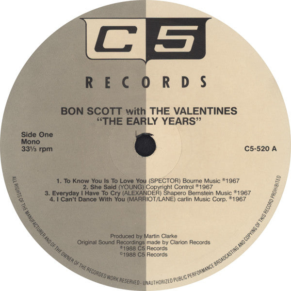 Bon Scott With The Valentines (4) : The Early Years (LP, Comp, Mono)