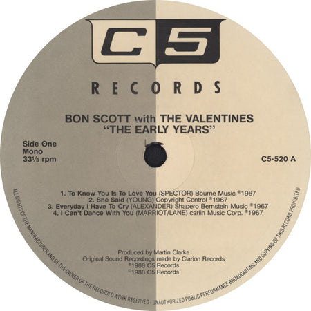 Bon Scott With The Valentines (4) : The Early Years (LP, Comp, Mono)