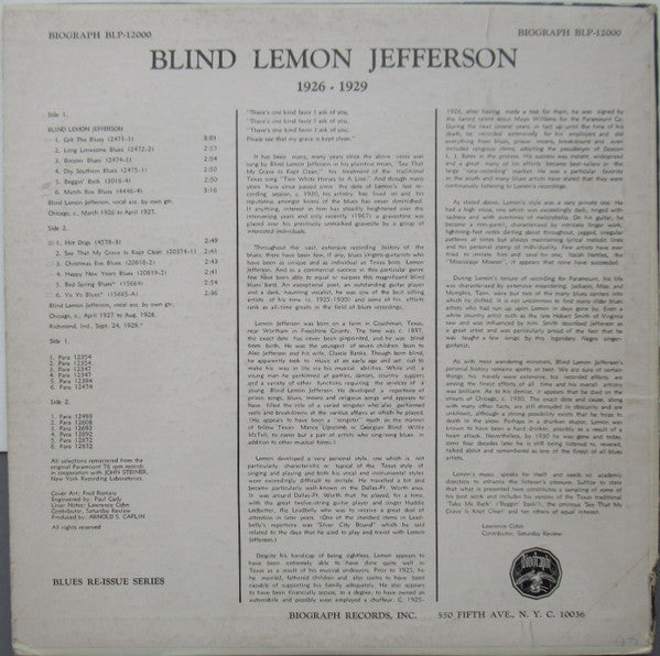 Blind Lemon Jefferson : 1926-29 (LP, Comp, RM)