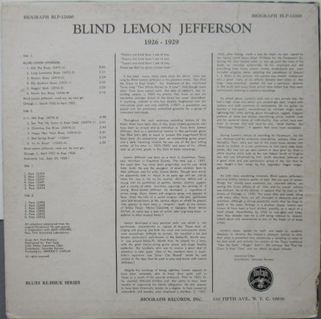 Blind Lemon Jefferson : 1926-29 (LP, Comp, RM)