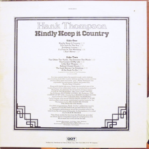 Hank Thompson : Kindly Keep It Country (LP, Album)