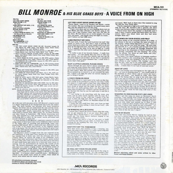 Bill Monroe And His Blue Grass Boys* : A Voice From On High (LP, Comp, RE, Bla)