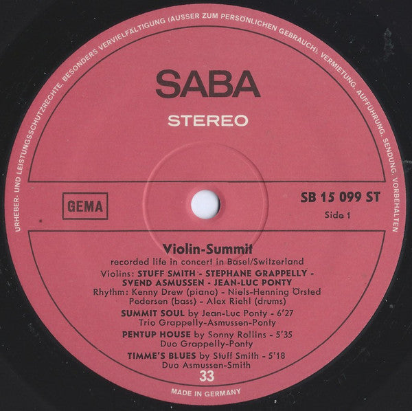 Stuff Smith / Stéphane Grappelli / Svend Asmussen / Jean-Luc Ponty : Violin-Summit (LP, Album, RE)