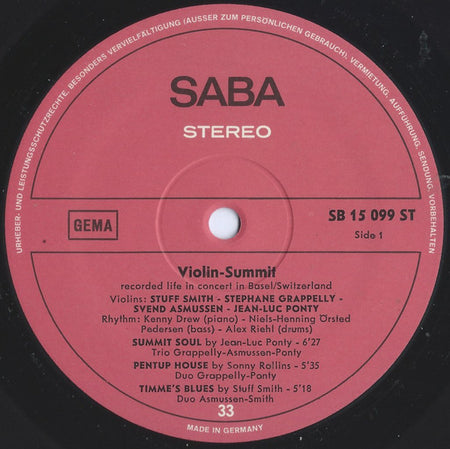 Stuff Smith / Stéphane Grappelli / Svend Asmussen / Jean-Luc Ponty : Violin-Summit (LP, Album, RE)