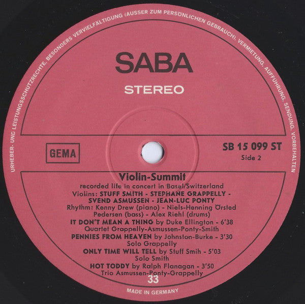 Stuff Smith / Stéphane Grappelli / Svend Asmussen / Jean-Luc Ponty : Violin-Summit (LP, Album, RE)