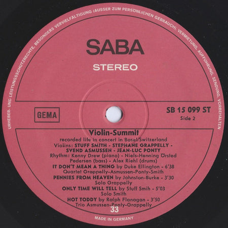 Stuff Smith / Stéphane Grappelli / Svend Asmussen / Jean-Luc Ponty : Violin-Summit (LP, Album, RE)