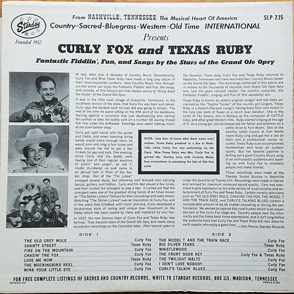 Curly Fox And Texas Ruby : Curly Fox And Texas Ruby (LP, Album, RE)