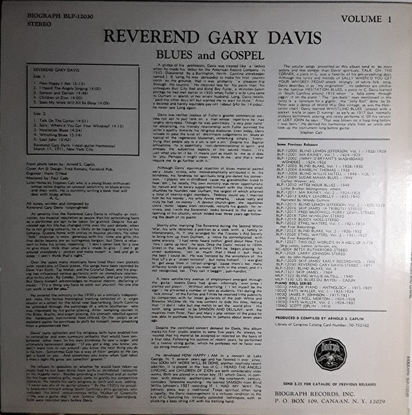 Reverend Gary Davis* : Volume 1 - New Blues And Gospel (LP, Album, RE)