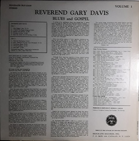 Reverend Gary Davis* : Volume 1 - New Blues And Gospel (LP, Album, RE)