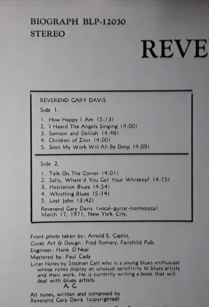 Reverend Gary Davis* : Volume 1 - New Blues And Gospel (LP, Album, RE)