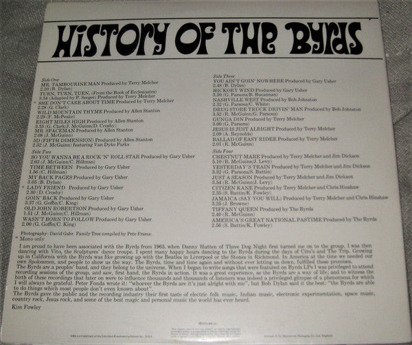 The Byrds : History Of The Byrds (2xLP, Comp, RE, Sun)