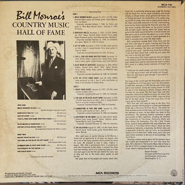Bill Monroe : Bill Monroe's Country Music Hall Of Fame (LP, Comp, RE)