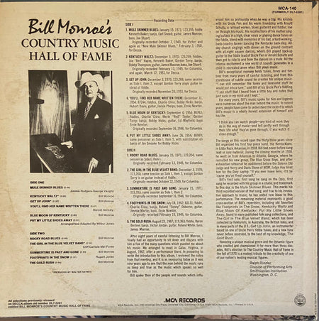 Bill Monroe : Bill Monroe's Country Music Hall Of Fame (LP, Comp, RE)