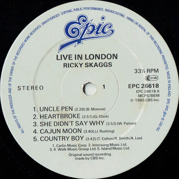 Ricky Skaggs : Live In London (LP, Album)
