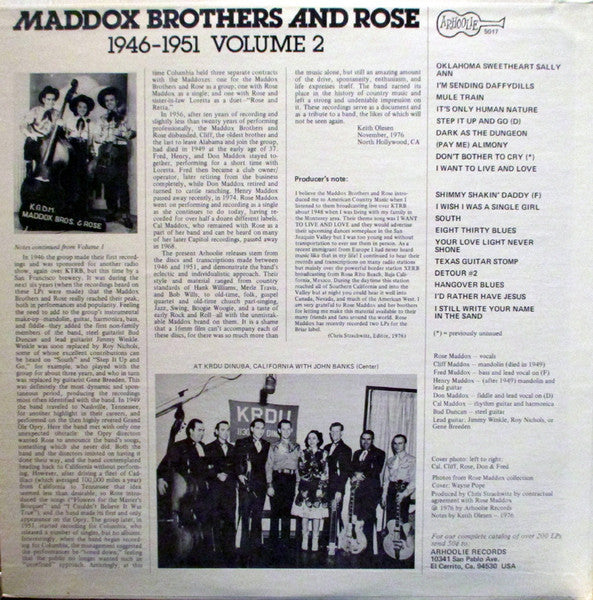 Maddox Brothers And Rose : 1946-1951 Volume 2 (LP, Comp)