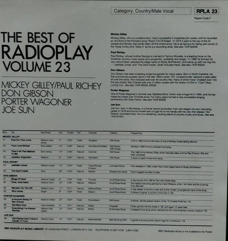 Mickey Gilley, Paul Richey, Don Gibson, Porter Wagoner, Joe Sun : The Best of Radioplay Volume 23 (LP)
