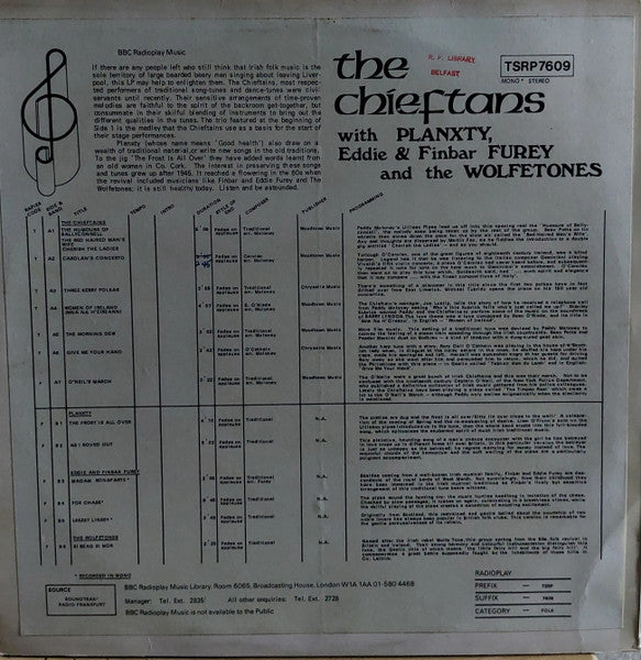 The Chieftains, Planxty, Finbar & Eddie Furey, The Wolfe Tones : The Chieftans BBC Radioplay Music (LP, Transcription)