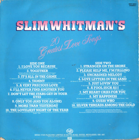 Slim Whitman : Slim Whitman's 20 Greatest Love Songs (LP, Comp, RP)
