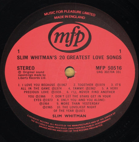 Slim Whitman : Slim Whitman's 20 Greatest Love Songs (LP, Comp, RP)