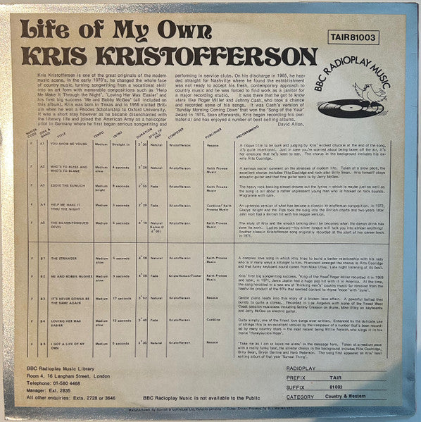 Kris Kristofferson : Life Of My Own (LP)