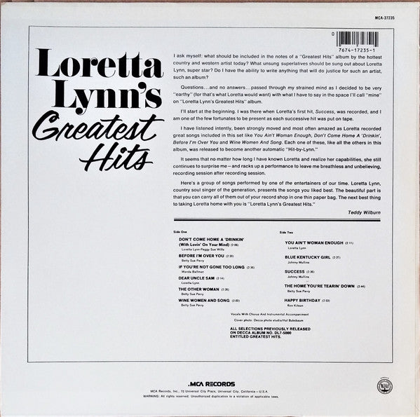 Loretta Lynn : Loretta Lynn's Greatest Hits (LP, Comp, RE)